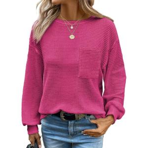 imageDokotoo Womens Waffle Knit Tops 2025 Oversized Long Sleeve Crewneck Shirts Business Casual Blouses Basic ShirtsRose Red