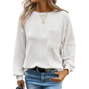 imageDokotoo Womens Waffle Knit Tops 2025 Oversized Long Sleeve Crewneck Shirts Business Casual Blouses Basic ShirtsWhite