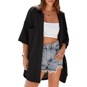 imageDokotoo Womens Waffle Knit Tops Casual 34 Bell Sleeve Button Down Shirts Lapel V Neck Dressy Blouses with PocketBlack