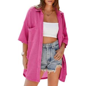 imageDokotoo Womens Waffle Knit Tops Casual 34 Bell Sleeve Button Down Shirts Lapel V Neck Dressy Blouses with PocketBright Pink