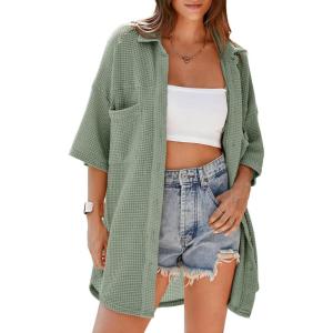 imageDokotoo Womens Waffle Knit Tops Casual 34 Bell Sleeve Button Down Shirts Lapel V Neck Dressy Blouses with PocketLaurel Green