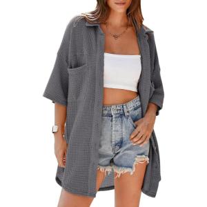 imageDokotoo Womens Waffle Knit Tops Casual 34 Bell Sleeve Button Down Shirts Lapel V Neck Dressy Blouses with PocketMedium Grey