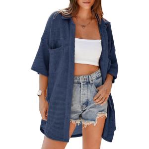imageDokotoo Womens Waffle Knit Tops Casual 34 Bell Sleeve Button Down Shirts Lapel V Neck Dressy Blouses with PocketNavy Blue