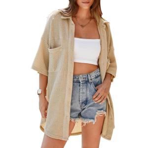 imageDokotoo Womens Waffle Knit Tops Casual 34 Bell Sleeve Button Down Shirts Lapel V Neck Dressy Blouses with PocketParchment