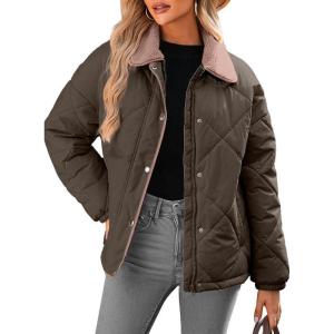 imageDokotoo Womens Winter Casual Quilted Jackets Long Sleeve Button Down Puffer Jacket Padded Outerwear CoatsCoffee