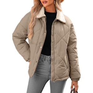 imageDokotoo Womens Winter Casual Quilted Jackets Long Sleeve Button Down Puffer Jacket Padded Outerwear CoatsKhaki
