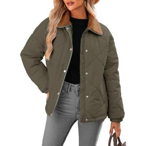 imageDokotoo Womens Winter Casual Quilted Jackets Long Sleeve Button Down Puffer Jacket Padded Outerwear CoatsMoss Green