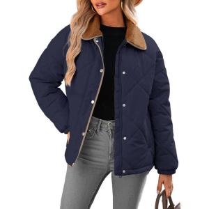imageDokotoo Womens Winter Casual Quilted Jackets Long Sleeve Button Down Puffer Jacket Padded Outerwear CoatsNavy Blue