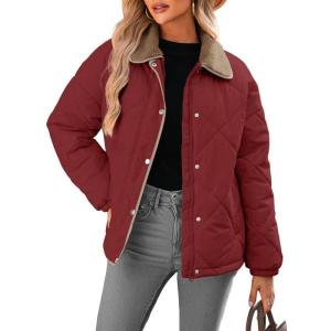 imageDokotoo Womens Winter Casual Quilted Jackets Long Sleeve Button Down Puffer Jacket Padded Outerwear CoatsRed