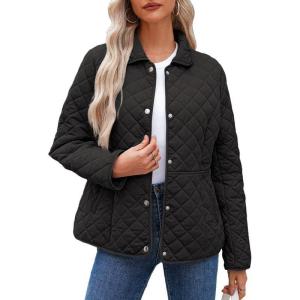 imageDokotoo Womens Winter Quilted Jackets Long Sleeve Button Down Diamond Puffer Jacket Outerwear Coats with PocketsBlack