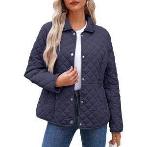 imageDokotoo Womens Winter Quilted Jackets Long Sleeve Button Down Diamond Puffer Jacket Outerwear Coats with PocketsBlue