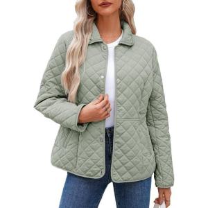 imageDokotoo Womens Winter Quilted Jackets Long Sleeve Button Down Diamond Puffer Jacket Outerwear Coats with PocketsGreen