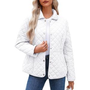 imageDokotoo Womens Winter Quilted Jackets Long Sleeve Button Down Diamond Puffer Jacket Outerwear Coats with PocketsWhite