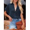 imageDokotoo Casual V Neck Button Down Shirts for Women Solid Short Sleeve Blouse Tops1 Navy Blue