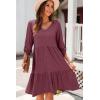 imageDokotoo Dresses for Women 2025 Long Sleeve V Neck Knitted Button Down Elastic Waist Ruffle Tiered Mini Dress with PocketsBurgundy