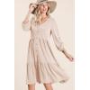 imageDokotoo Dresses for Women 2025 Long Sleeve V Neck Knitted Button Down Elastic Waist Ruffle Tiered Mini Dress with PocketsOatmeal