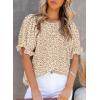 imageDokotoo Floral Print Blouses for Women Crewneck Smocked Puff Sleeve Shirts Casual Babydoll Tops1 Brown