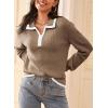 imageDokotoo Sweaters for Women Fashion Long Sleeve Lapel Collar V Neck Casual Knit Color Block Pullover Sweater Jumpers TopsBrown