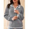 imageDokotoo Sweaters for Women Fashion Long Sleeve Lapel Collar V Neck Casual Knit Color Block Pullover Sweater Jumpers TopsGrey