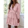 imageDokotoo Womens 2025 Spring Summer Deep V Neck Long Sleeve Backless Ruffle Floral Flowy Mini DressS New Pink Floral