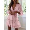 imageDokotoo Womens 2025 Spring Summer Deep V Neck Long Sleeve Backless Ruffle Floral Flowy Mini DressS New Pink Floral
