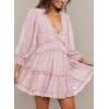 imageDokotoo Womens 2025 Spring Summer Deep V Neck Long Sleeve Backless Ruffle Floral Flowy Mini DressS New Pink Floral