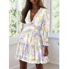 imageDokotoo Womens 2025 Spring Summer Deep V Neck Long Sleeve Backless Ruffle Floral Flowy Mini DressS New Yellow Floral