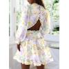 imageDokotoo Womens 2025 Spring Summer Deep V Neck Long Sleeve Backless Ruffle Floral Flowy Mini DressS New Yellow Floral