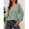 imageDokotoo Womens Casual Long Sleeve Shirts Shirred Shoulders Solid Color Knit Tops BlousesMeadow Mist Green