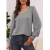 imageDokotoo Womens Casual Long Sleeve Shirts Shirred Shoulders Solid Color Knit Tops BlousesMedium Grey