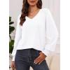 imageDokotoo Womens Casual Long Sleeve Shirts Shirred Shoulders Solid Color Knit Tops BlousesWhite