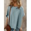 imageDokotoo Womens Casual Oversized Short Sleeve Solid Color Loose Texture Knit Tunic Tops BlousesBeau Blue