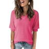 imageDokotoo Womens Casual Short Sleeve Loose Crochet Tunic Tops Lightweight Knit Pullover Sweater BlousesRose Red