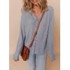 imageDokotoo Womens Casual V Neck Waffle Knit Button Down Long Sleeve Shirts Loose TopsLight Grey