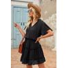 imageDokotoo Womens Spring Summer 2025 Short Sleeve Split V Neck Ruffle Chiffon Elegant Mini Short Skirt DressesZ Black