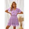 imageDokotoo Womens Spring Summer 2025 Short Sleeve Split V Neck Ruffle Chiffon Elegant Mini Short Skirt DressesZ Purple