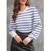 imageDokotoo Womens Striped Sweaters Puff Long Sleeve Crewneck Ribbed Knit Pullover Jumper TopsWhite
