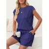 imageDokotoo Womens Summer Two Piece Sets Casual Cap Sleeve Textured Knits Tops And Drawstring Shorts Lounge SetsNavy Blue