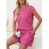 imageDokotoo Womens Summer Two Piece Sets Casual Cap Sleeve Textured Knits Tops And Drawstring Shorts Lounge SetsRose Red