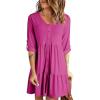 imageDokotoo Dresses for Women 2025 Long Sleeve V Neck Knitted Button Down Elastic Waist Ruffle Tiered Mini Dress with PocketsRose Red