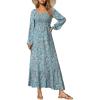 imageDokotoo Fall Dresses for Women 2025 Boho Floral Smocked Empire Waist Square Neck Long Sleeve Button Beach Maxi Dress SundressBlue