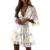 imageDokotoo Womens 2025 Spring Summer Deep V Neck Long Sleeve Backless Ruffle Floral Flowy Mini DressS New Yellow Floral