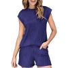 imageDokotoo Womens Summer Two Piece Sets Casual Cap Sleeve Textured Knits Tops And Drawstring Shorts Lounge SetsNavy Blue