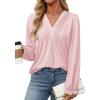 imageDokotoo Womens Tops Casual Pleated V Neck Puff Long Sleeve T Shirts Loose Tunic Business BlousePink