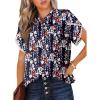 imageDokotoo Womens Tops Summer Casual Boho Floral Print Short Sleeve Half Button Down V Neck Chiffon Blouses ShirtsBlue