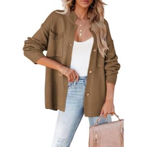 imageDokotoo Cardigan Sweaters for Women Casual Open Front Long Sleeve Button Down Knit Outwear Stand Collar Fall Fashion 2024Brown