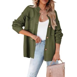 imageDokotoo Cardigan Sweaters for Women Casual Open Front Long Sleeve Button Down Knit Outwear Stand Collar Fall Fashion 2024Green