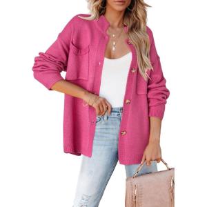 imageDokotoo Cardigan Sweaters for Women Casual Open Front Long Sleeve Button Down Knit Outwear Stand Collar Fall Fashion 2024Hot Pink