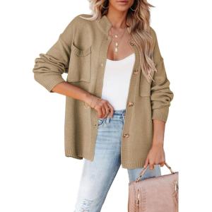 imageDokotoo Cardigan Sweaters for Women Casual Open Front Long Sleeve Button Down Knit Outwear Stand Collar Fall Fashion 2024Khaki