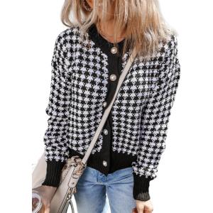 imageDokotoo Cardigan Sweaters for Women V Neck Button Down Long Sleeve Plaid Knit Cardigans Sweater TopsBlack